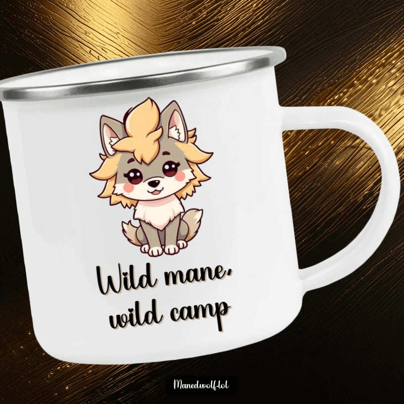 Funny Kawaii Maned Wolf Mane Camping Mug: A stylized wolf humorously shows off its bushy mane, ideal for outdoor enthusiasts who love a laugh.