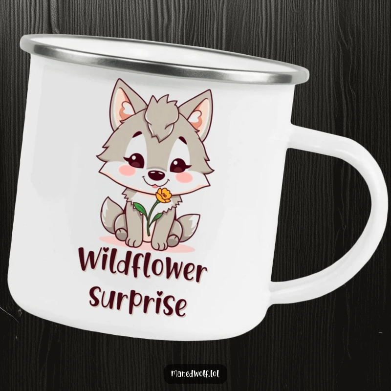 Funny Maned Wolf Camping Mug: Maned wolf holds a flower, a funny and cheerful companion for outdoor excursions.