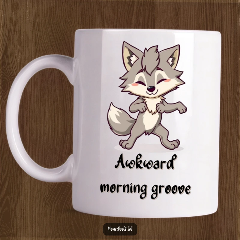 Funny Maned Wolf Mug featuring a character performing a hilariously awkward and clumsy dance move with obvious effort.