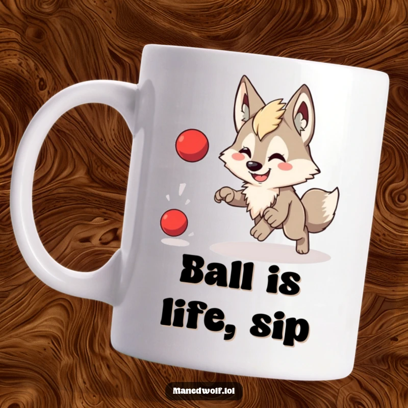 Funny mug showcasing a cute maned wolf with a wide smile, happily chasing a bouncing red ball.