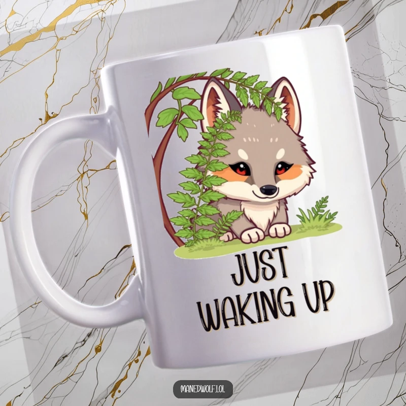 Funny mug: a chubby maned wolf curiously peeking from beneath lush green fern leaves, looking adorable and mischievous.