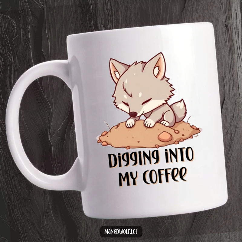 Funny Kawaii Maned Wolf Mug featuring a cute wolf happily digging in soft earth, a delight for gardeners, funny gift.