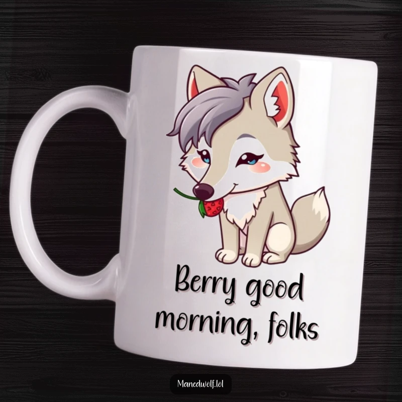 Funny mug of a kawaii maned wolf adorably balancing a single berry on its long snout with concentration.