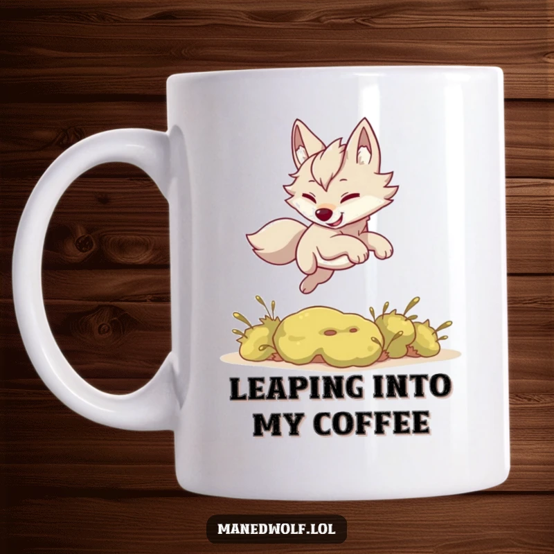 Funny mug showcasing a kawaii maned wolf energetically and playfully leaping over a small green bush.