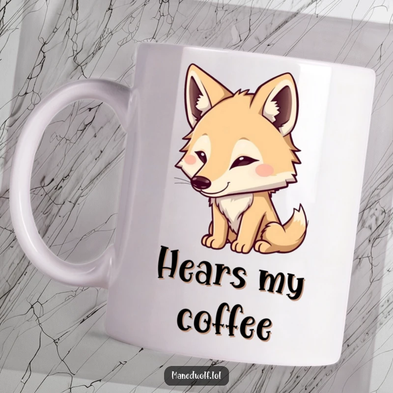 Funny Maned Wolf Mug: Cute character with ears perked, listening intently, showing curiosity and attentiveness, a humorous gift.