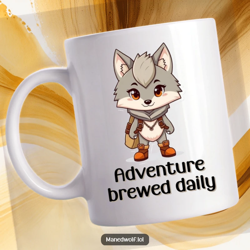 Funny mug featuring a maned wolf character wearing tiny boots, looking ready and excited for an adventure.