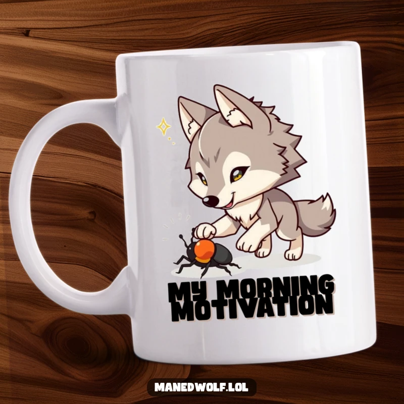 Funny mug: a maned wolf with bright, playful eyes intently chasing a small beetle across the ground.