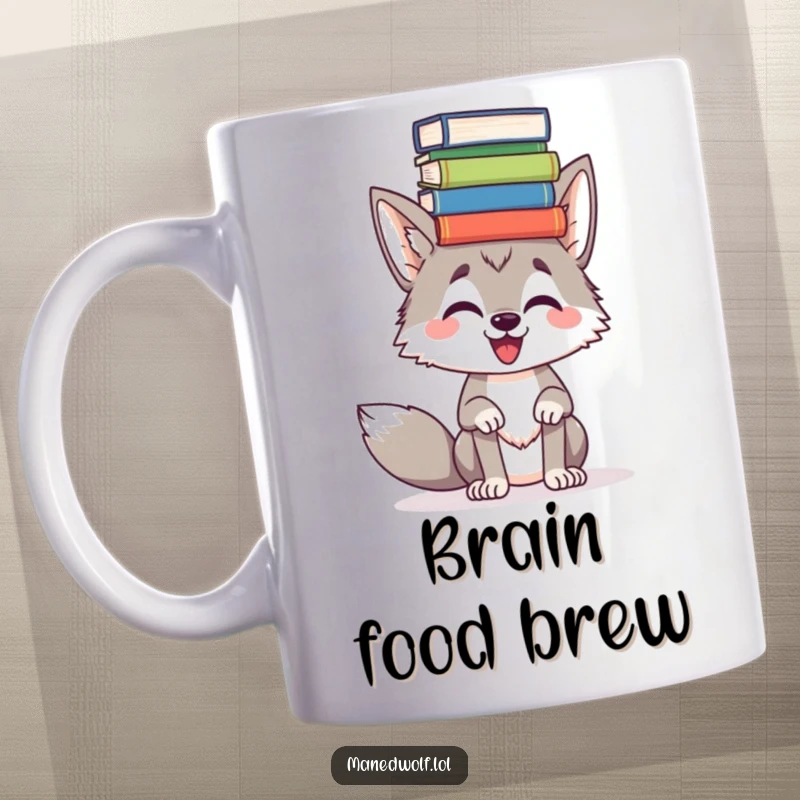 Funny Maned wolf comically balancing a tall stack of books on its head, depicted on a mug, showcasing studious humor.