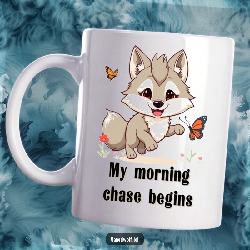 Funny maned wolf mug with a cheerful grin joyfully chasing a butterfly through a sunny meadow.