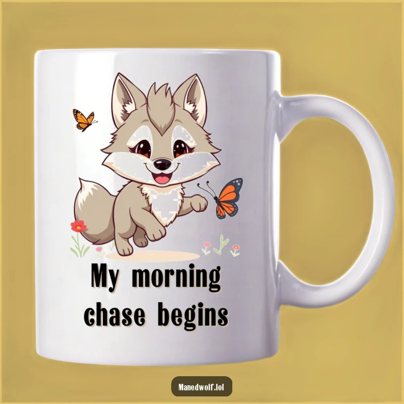 Funny Maned Wolf Butterfly Chase Mug: A Cheerful Gift for Wildlife Lovers!