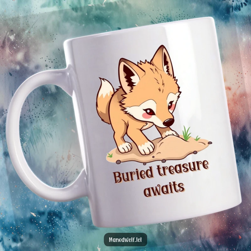 Funny maned wolf mug depicting a wolf joyfully digging in the earth, showcasing its happy and energetic nature.