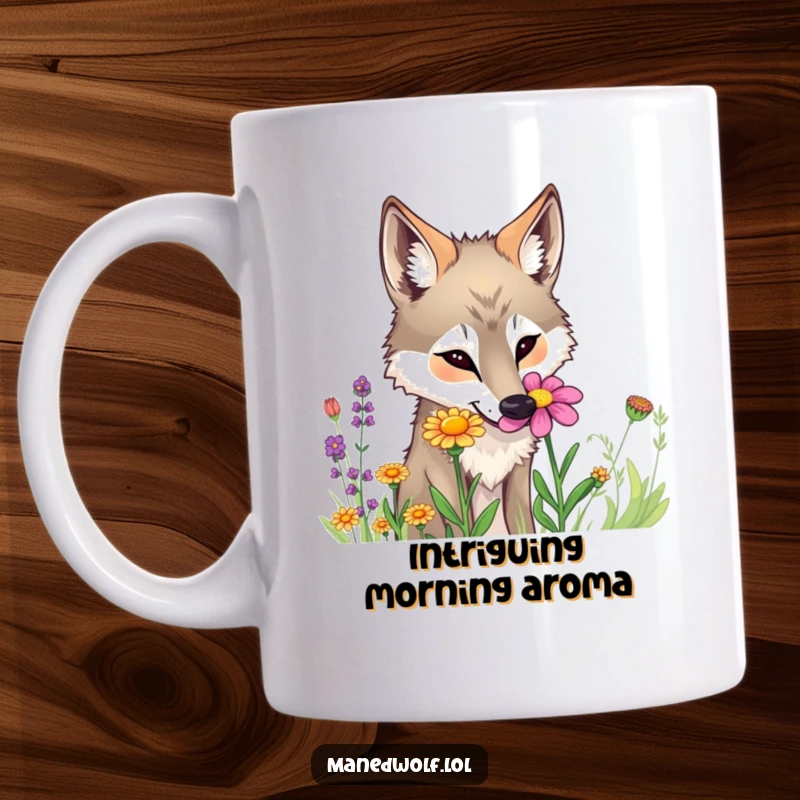 Funny maned wolf mug showing a curious wolf sniffing a colorful wildflower with great interest.