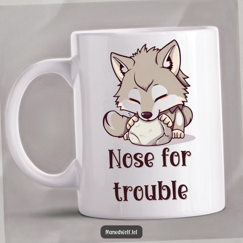 Funny maned wolf mug showing a playful wolf gently nudging a small, round stone with its nose.