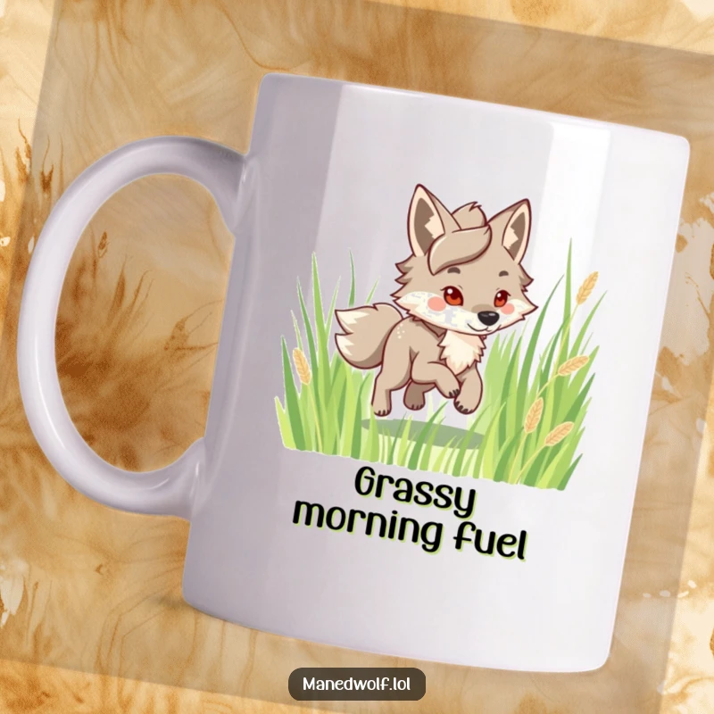 Funny Maned Wolf Mug: Character happily trotting through tall grass, embodying joy and freedom, a delightful gift for wanderers.