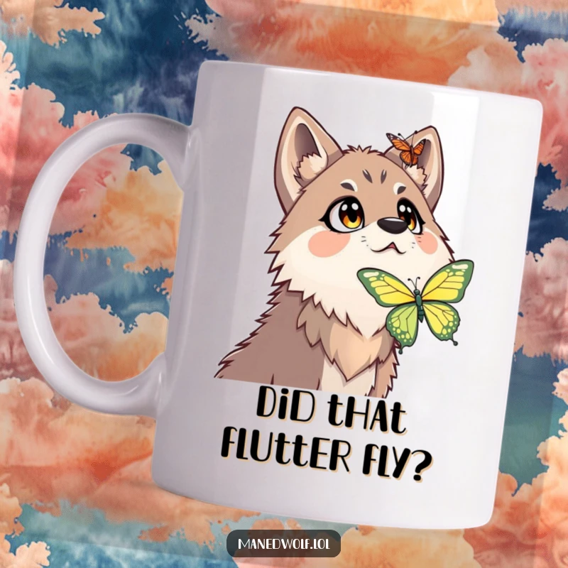 Funny maned wolf mug showing a surprised expression as it looks up at a descending butterfly with wide, astonished eyes.