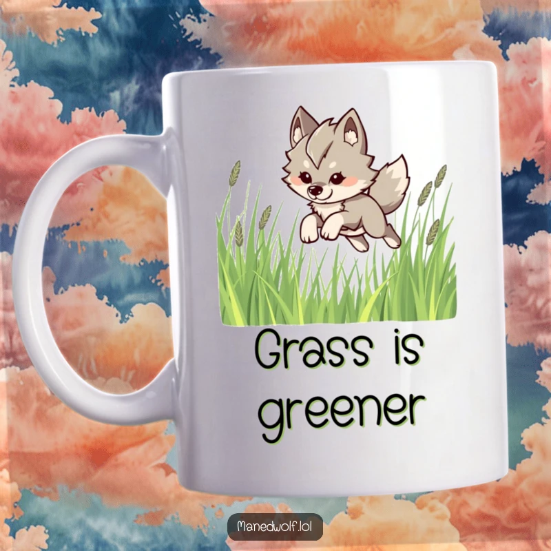 Funny Kawaii Maned Wolf Mug: A cute maned wolf leaping playfully through tall grass, bringing wild humor.