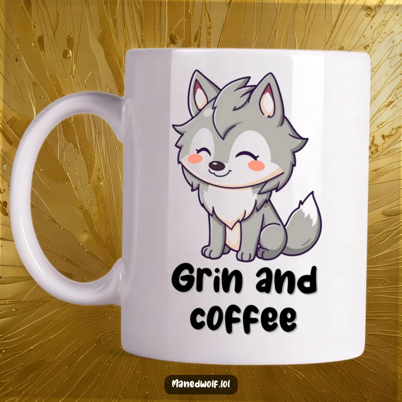 Funny cute maned wolf mug featuring a character with a huge happy grin and a furiously wagging tail, expressing pure joy.