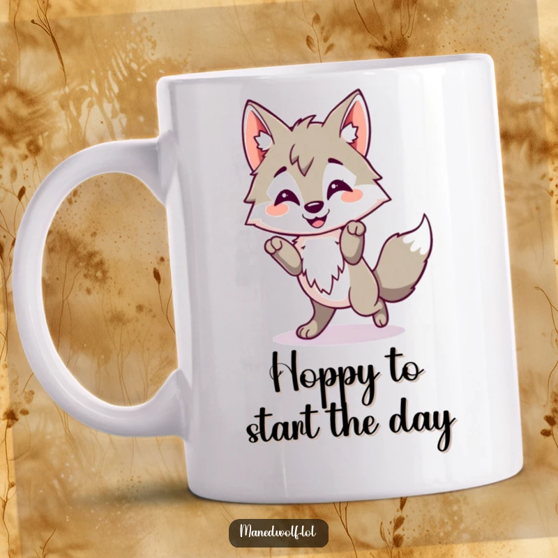 Funny Kawaii Maned Wolf Mug showing a cute wolf doing a happy little hop, embodying pure joy and playful spirit, perfect for gifting.