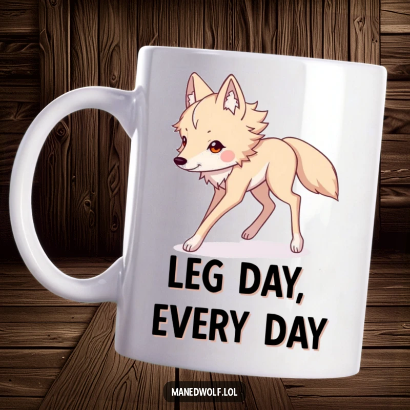 Funny Kawaii maned wolf mug featuring long legs striding gracefully, showcasing a whimsical and charming illustration for coffee lovers.