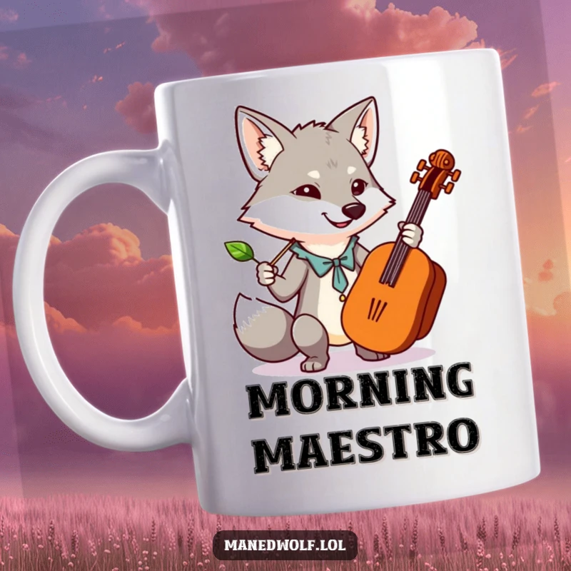 Funny kawaii maned wolf as a conductor, passionately leading an orchestra with a leaf, full of whimsical energy.