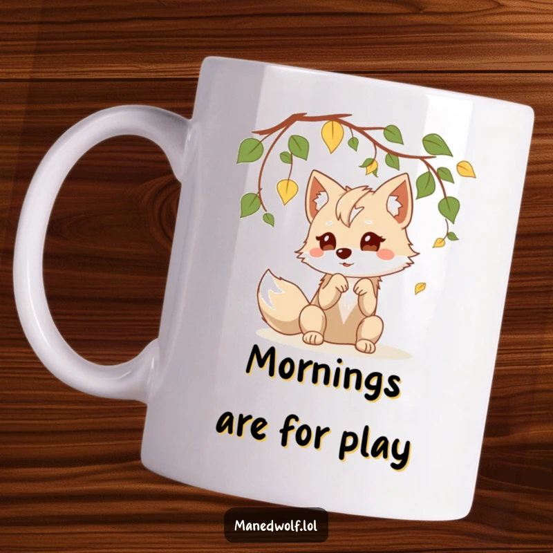 Funny kawaii maned wolf mug featuring a cute wolf playfully batting at dangling leaves, bringing a smile to your coffee break.