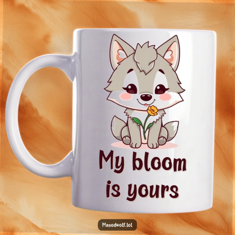 Funny Maned Wolf Mug: A smiling maned wolf joyfully offers a wobbly flower, conveying sweet, humorous affection.