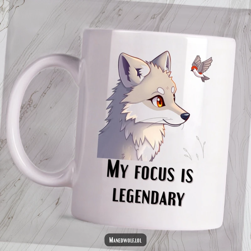 Funny Maned Wolf Mug featuring a maned wolf with bright, piercing eyes intently watching a distant bird, conveying focus and humor.