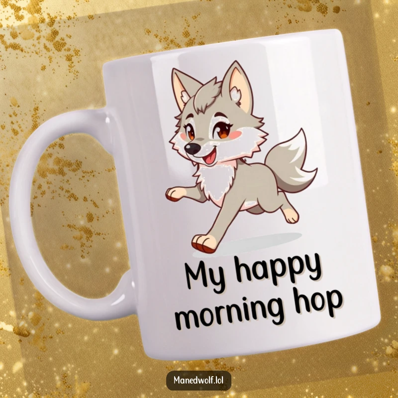 Funny maned wolf mug featuring a happy, bouncy trotting character, embodying pure joy and playful energy.