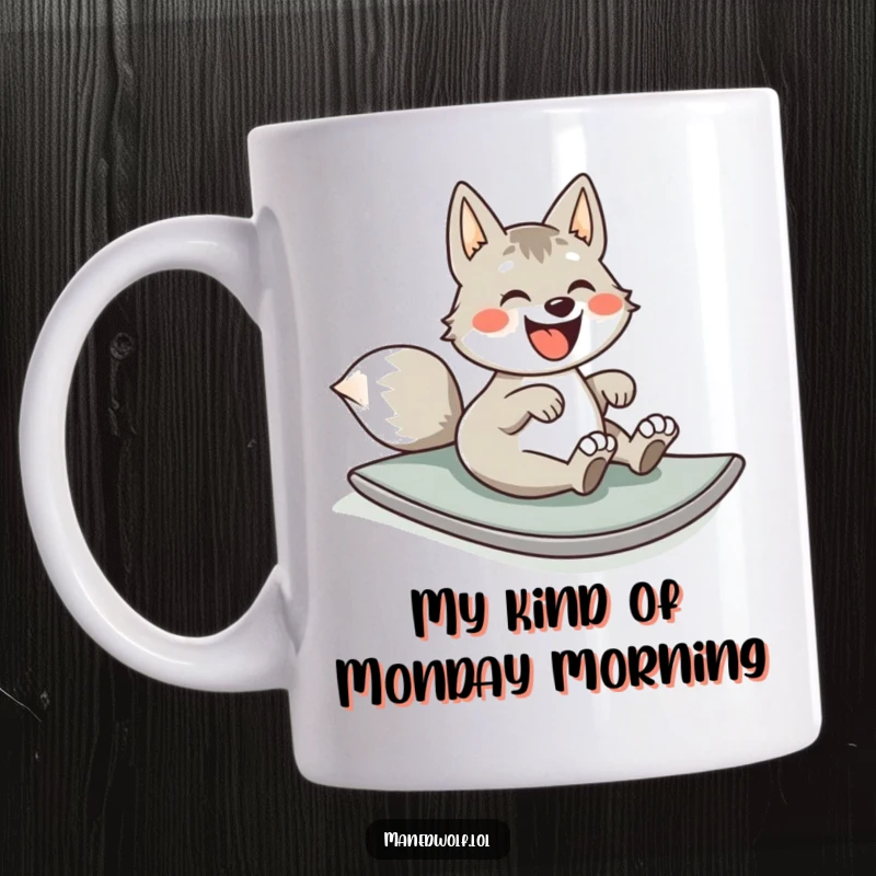 Funny mug showcasing a joyful maned wolf gleefully rolling down a grassy slope, embodying pure, unadulterated happiness.