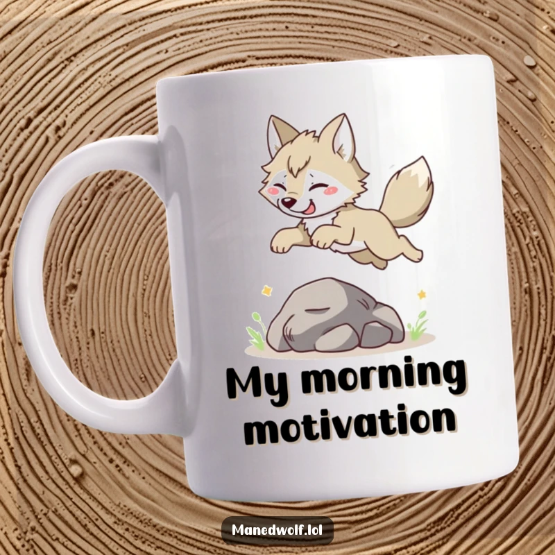Funny Maned Wolf Mug: Character joyfully leaping over a small rock, showcasing energetic personality for a delightful gift.