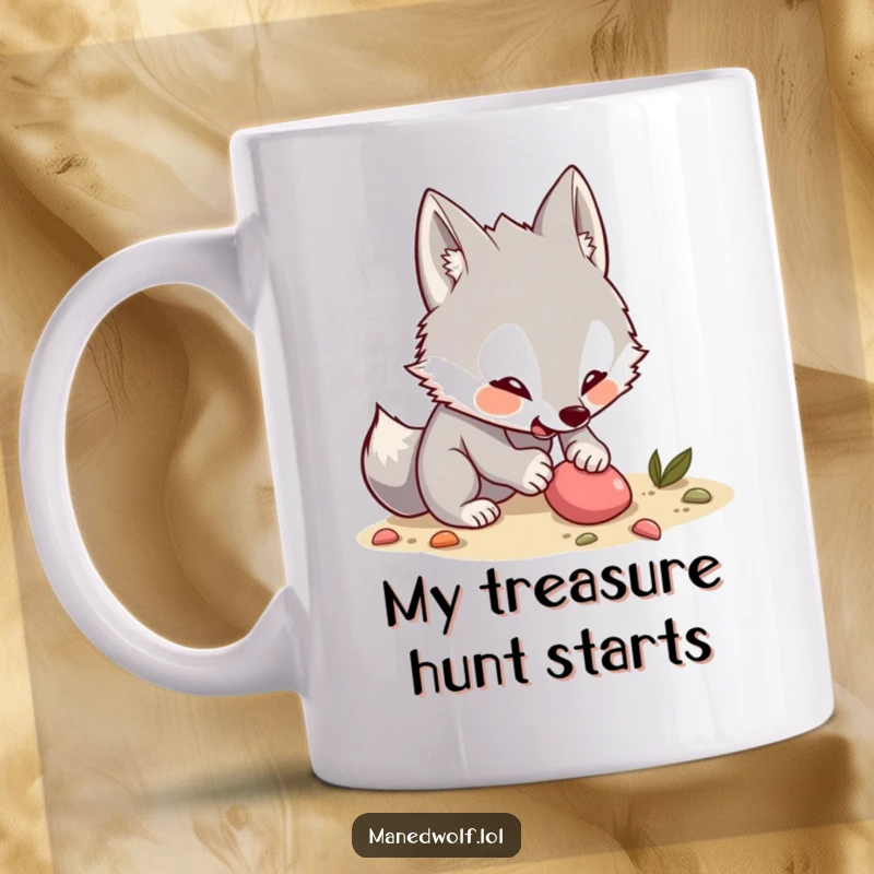 Funny Kawaii Maned Wolf Mug: Excited wolf digs for a treat, capturing pure joy and anticipation, a humorous gift.