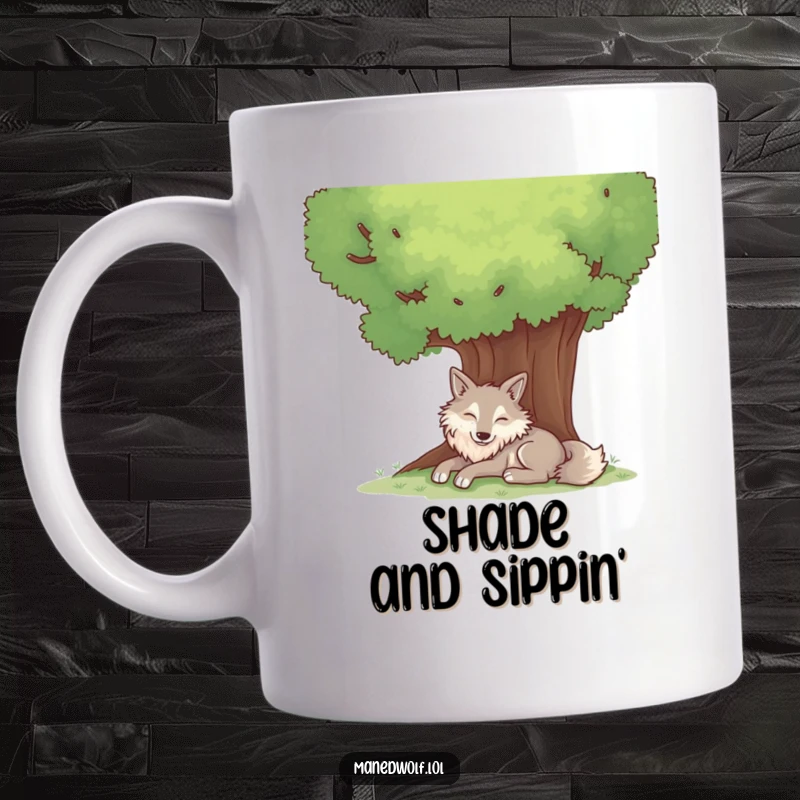 Funny mug featuring a contented maned wolf resting peacefully beneath the ample shade of a large, leafy tree.