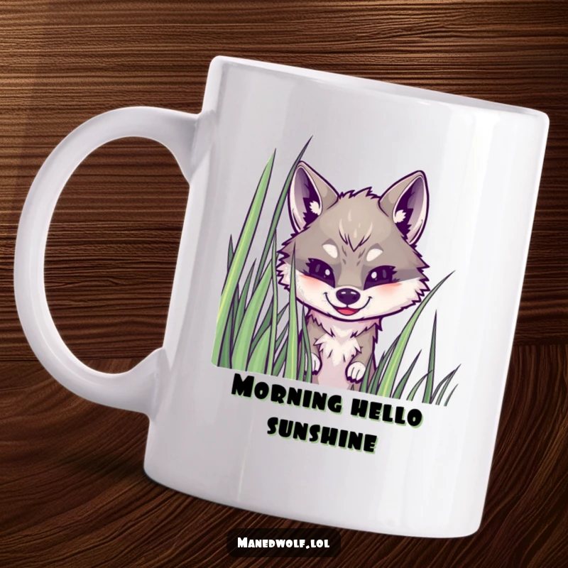 Funny maned wolf mug showing a smiling wolf peeking playfully from behind tall grass, a whimsical and cheerful design.