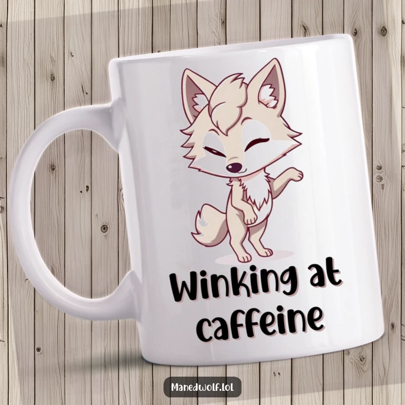 Funny maned wolf mug showing a character playfully winking while perfectly balancing on one paw, radiating mischievous fun.
