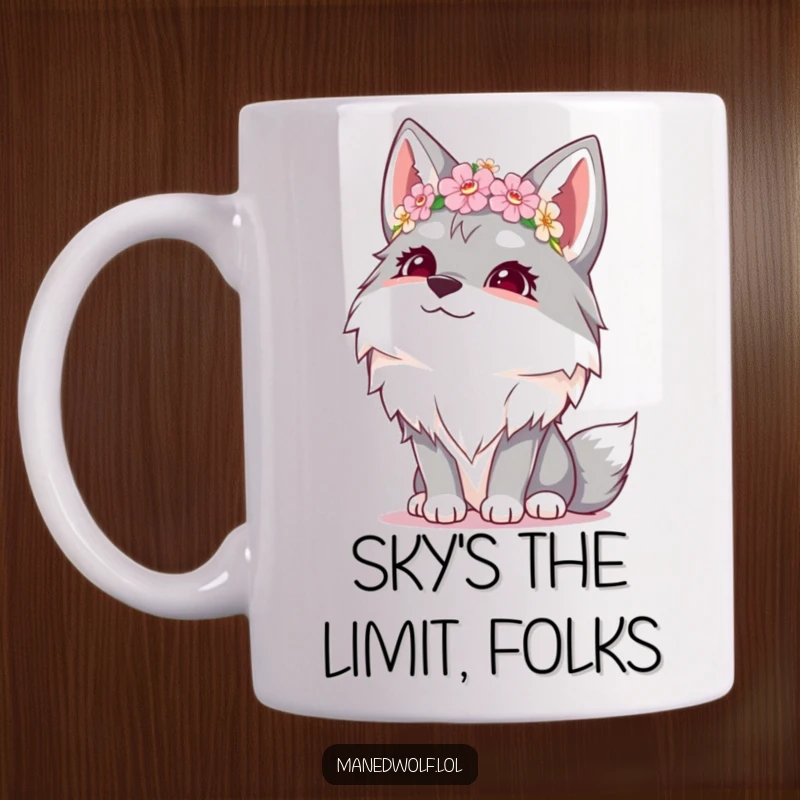 Funny mug featuring a giggling maned wolf adorned with a tiny flower crown, joyfully gazing towards the sky.