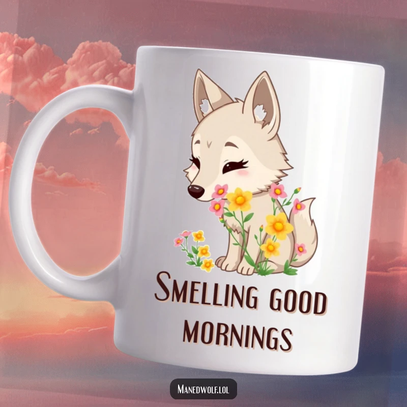 Funny maned wolf mug showing a character delightedly sniffing a vibrant bouquet of wildflowers, radiating happiness.