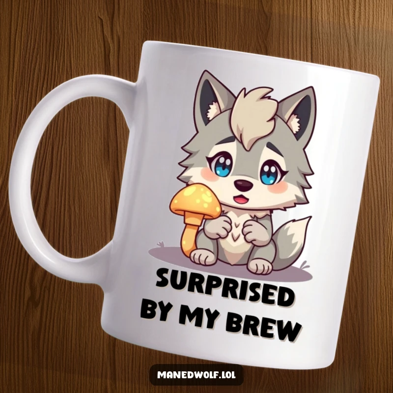 Funny Maned Wolf Mug showing a character with a wide-eyed surprised expression, holding a brightly glowing mushroom in awe.