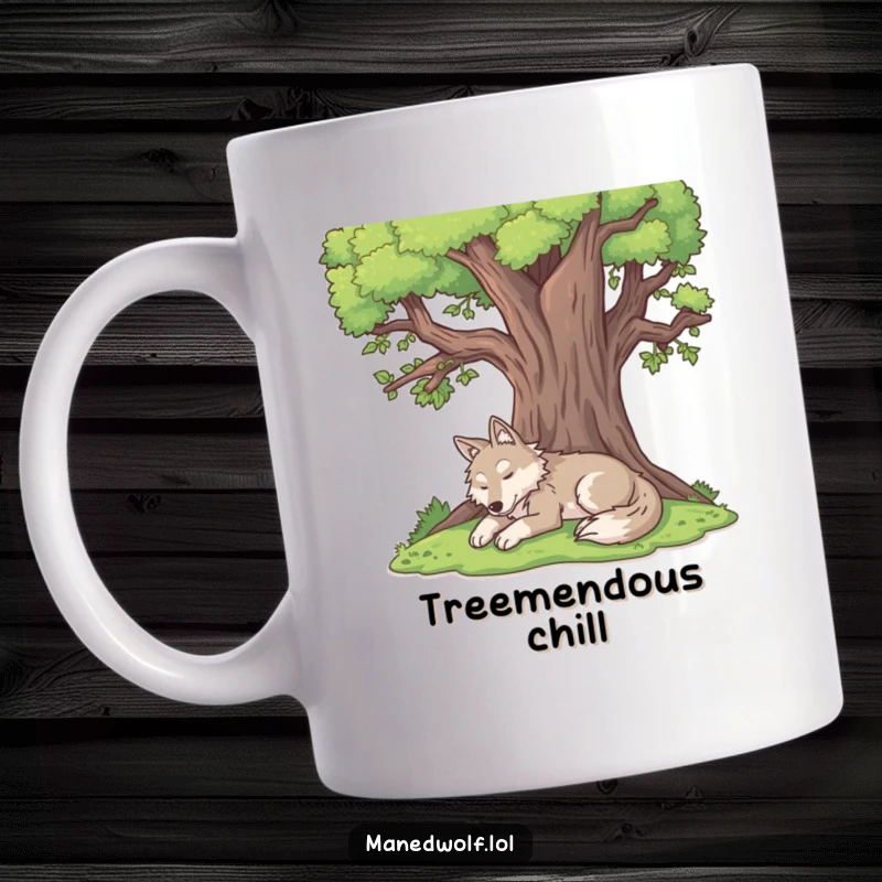 Funny maned wolf mug showing a content maned wolf resting peacefully under the shade of a large tree.