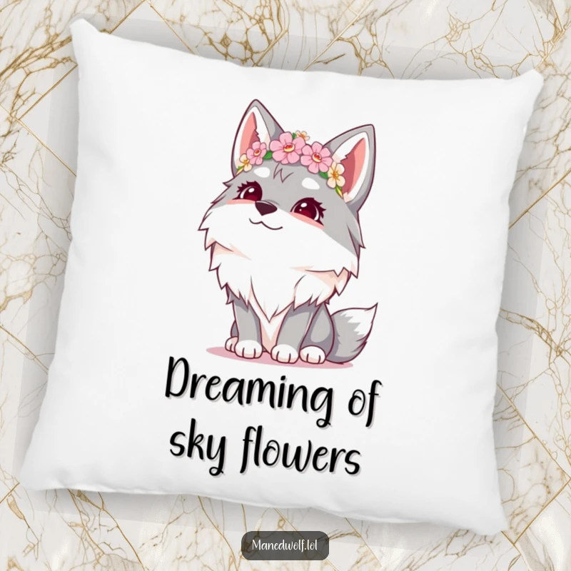 Funny pillow featuring a giggling maned wolf adorned with a small flower crown, looking up wistfully.