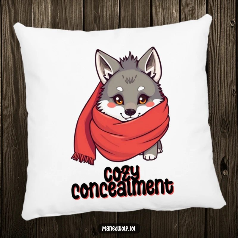 Funny Maned wolf peeking from behind a large red scarf, featured on a soft pillow, offering humorous comfort and shy charm.