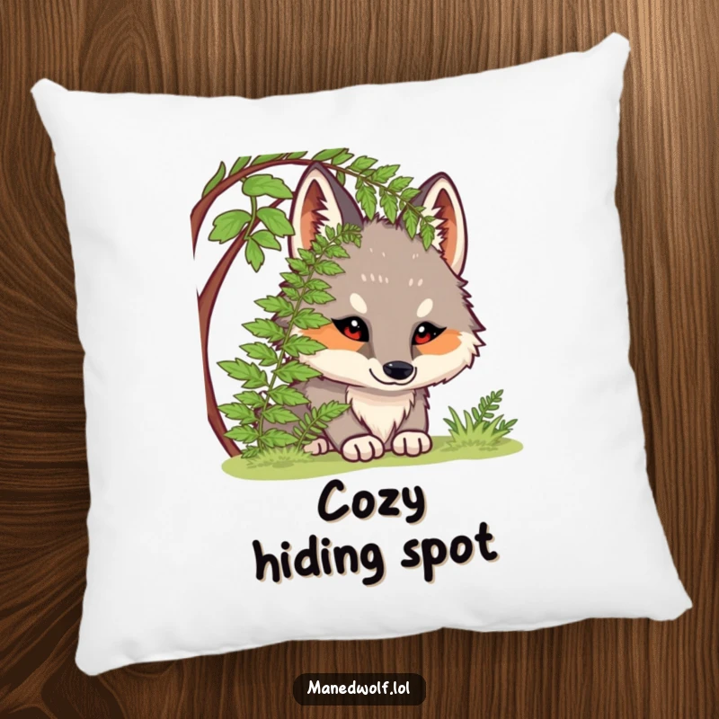Funny pillow with a chubby maned wolf peeking from under a fern, offering comfort and a charming, humorous touch.