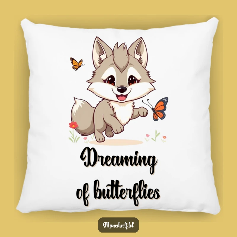 Cozy Funny Maned Wolf Butterfly Chase Pillow: Snuggle Up with Laughter!