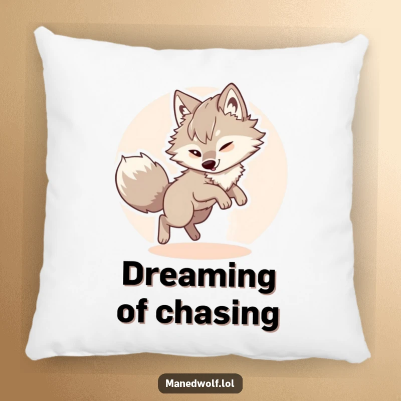 Funny maned wolf pillow, showcasing a fluffy wolf comically chasing its tail, offering plush comfort and playful charm.