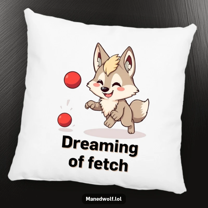 Funny pillow featuring a cute maned wolf with a wide smile, playfully chasing a bouncing red ball.