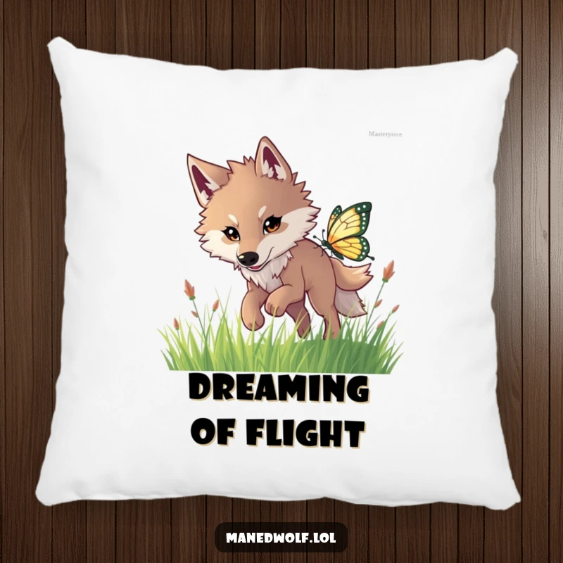 Funny maned wolf pillow depicting a happy wolf mid-leap, chasing a detailed, fluttering butterfly.