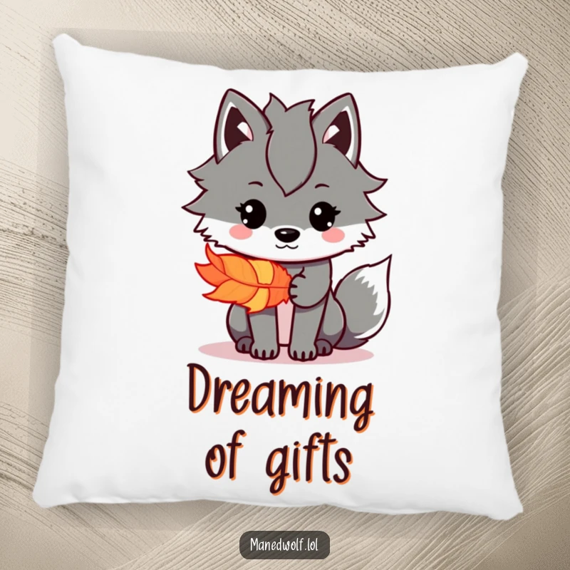 Funny Kawaii Maned Wolf Pillow featuring a cute wolf offering a colorful feather, perfect for comfort and humor.