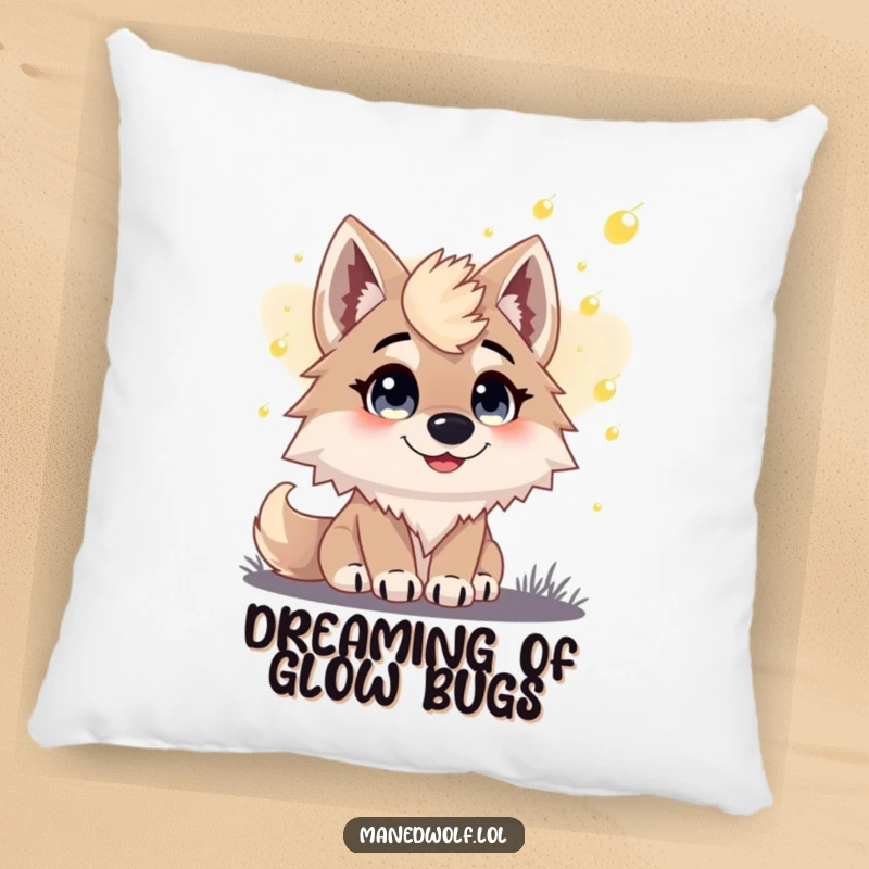 Funny pillow showing a maned wolf with large, happy eyes mesmerized by the gentle glow of fireflies at dusk.
