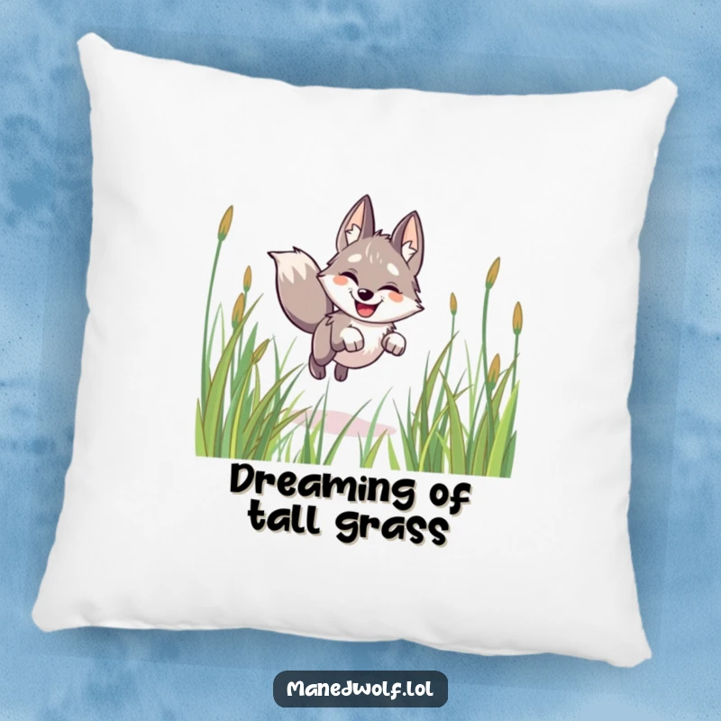 Funny maned wolf pillow, happy, leaping through grass, soft decor for a cheerful and cozy living space.