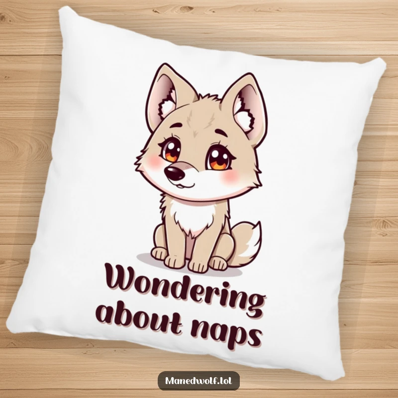 Funny maned wolf pillow featuring a curious maned wolf with fluffy ears tilting its head.