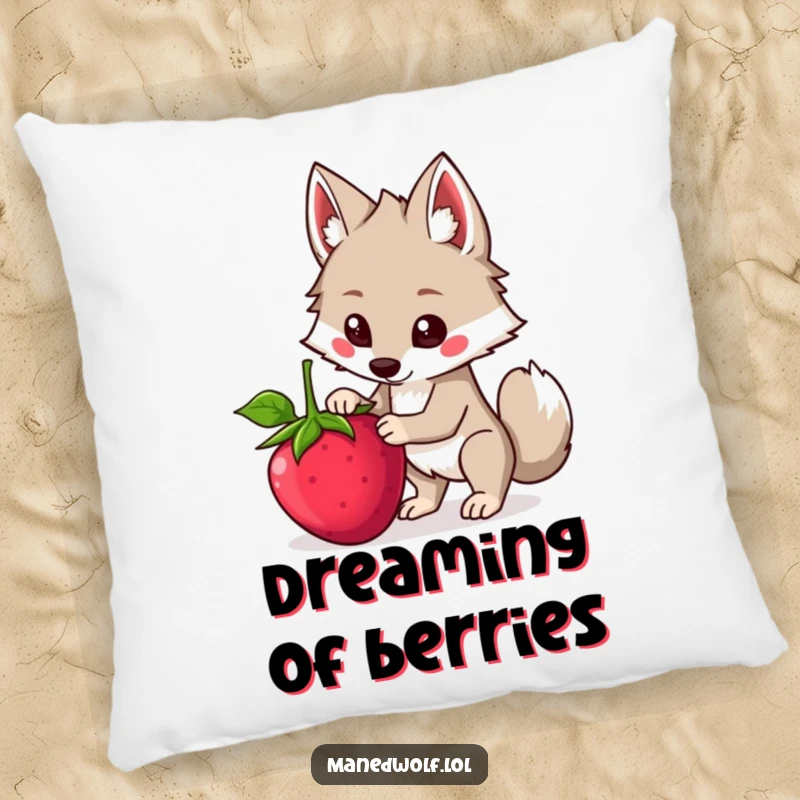 Funny Kawaii Maned Wolf Pillow showing a cute wolf attempting to balance a large berry, offering comfort and humorous relatability.